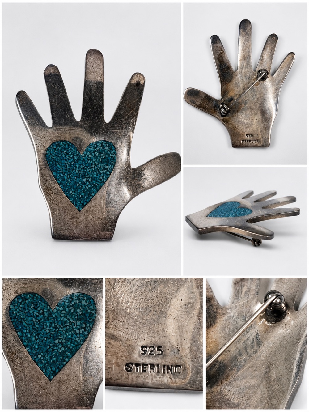Sterling Silver Hand Brooch with Turquoise Heart Inlay